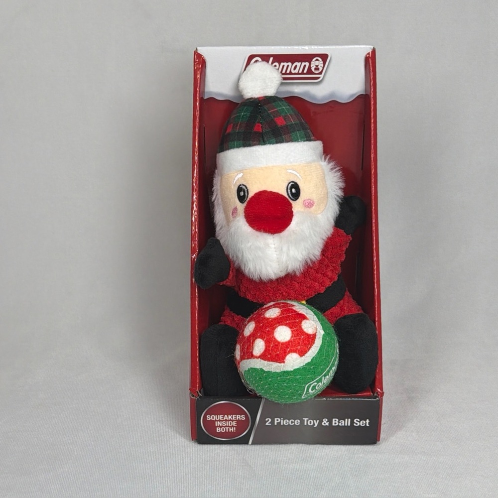 Coleman Christmas Santa Squeaker Tennis Ball 2‎ Piece Set, New